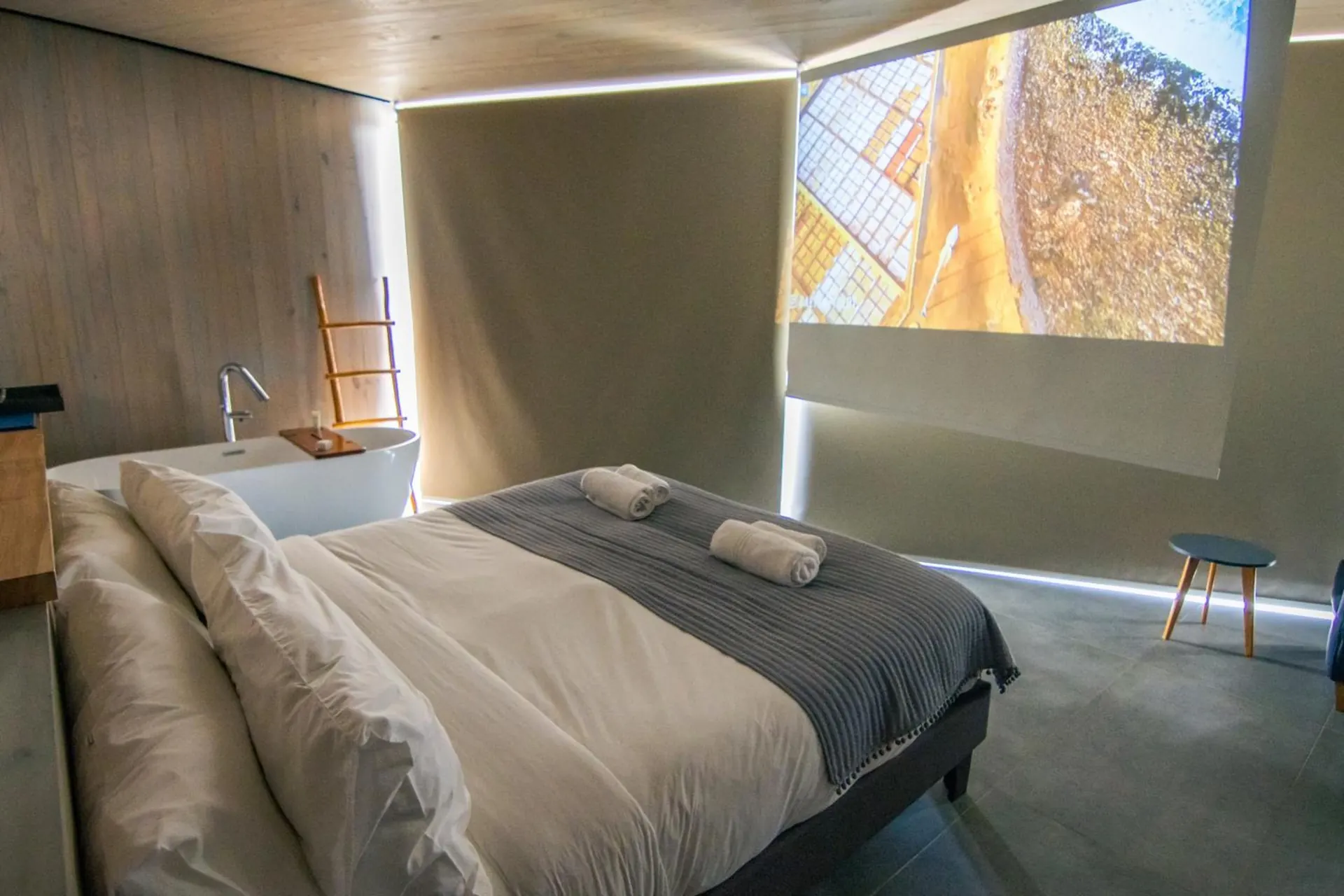Suite with a double bed in front of a projection screen and the tub on the side.